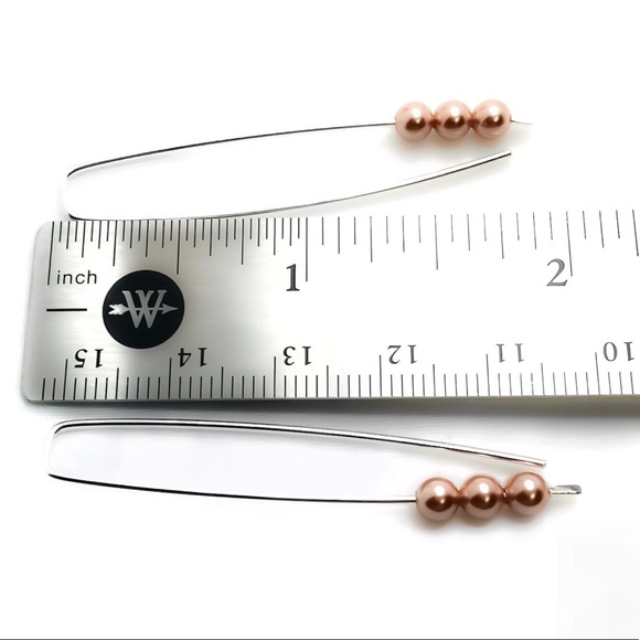 925 Sterling Silver Threader Earrings with 3 Pink Faux Pearls About 2” In Length - Picture 2 of 5